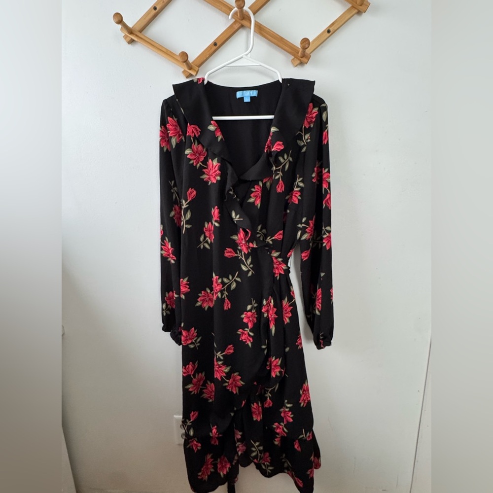Draper James RSVP floral ruffle long sleeve midi wrap dress L